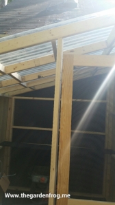 Next before I finished framing door, I had to add more supports for roof not to sag. I then started on back of shed with one corrugated sheet and lined it up with 1 groove hanging over edge. could not take pictures-it was precarious enough for me on a ladder in between boards with a chest that kept getting in the way. 